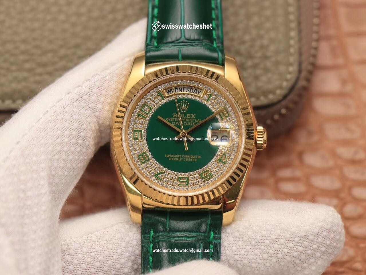 Replica Rolex Day-Date 36mm Green Enamel Diamond Gypsophila Gold dial watch Replica Rolex Day-Date 36mm Green Enamel Diamond Gypsophila Gold dial watch