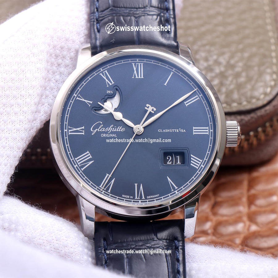 Glashutte Senator Moon Phase 1-36-04 V9 Factory Blue Leather Strap Glashutte Senator Moon Phase 1-36-04 V9 Factory Blue Leather Strap