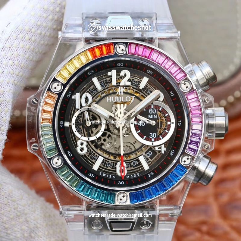 Hublot Big Bang Unico 411.JX.4802.RT Colorful Diamonds Bezel Skeleton Dial Hublot Big Bang Unico 411.JX.4802.RT Colorful Diamonds Bezel Skeleton Dial
