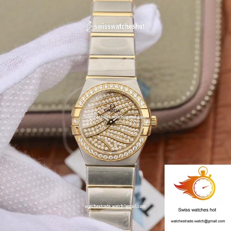 Omega Constellation Ladies 27MM TW Factory Yellow Gold Textured Diamond Dial 1
