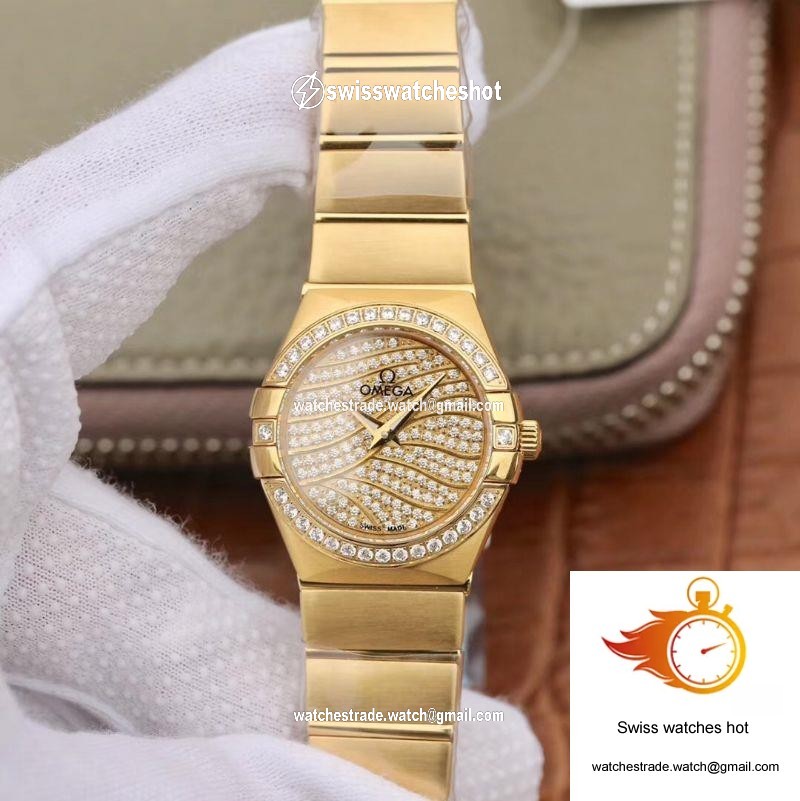 Omega Constellation Ladies 27MM TW Factory 18K Yellow Gold Textured Diamond Dial 1