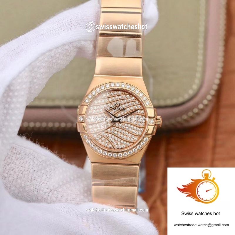 Omega Constellation Ladies 27mm TW Factory 18K Rose Gold Textured Diamond Dial 1