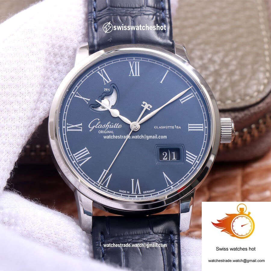 Glashutte Senator Moon Phase 1-36-04 V9 Factory Blue Leather Strap 1