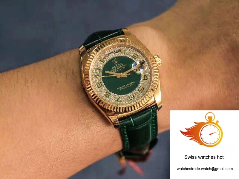 Replica Rolex Day-Date 36mm Green Enamel Diamond Gypsophila Gold dial watch 10