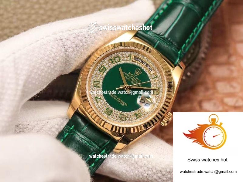 Replica Rolex Day-Date 36mm Green Enamel Diamond Gypsophila Gold dial watch 2