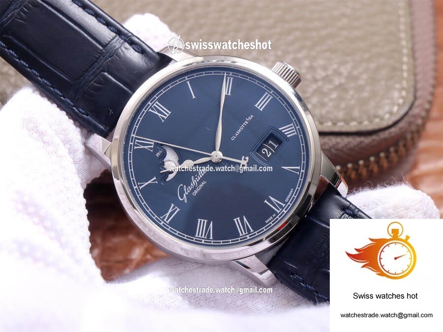 Glashutte Senator Moon Phase 1-36-04 V9 Factory Blue Leather Strap 2