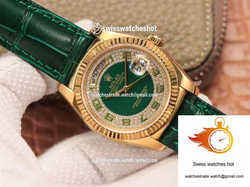 Replica Rolex Day-Date 36mm Green Enamel Diamond Gypsophila Gold dial watch 3