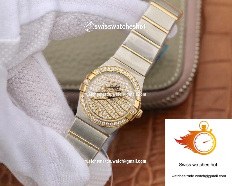 Omega Constellation Ladies 27MM TW Factory Yellow Gold Textured Diamond Dial 3