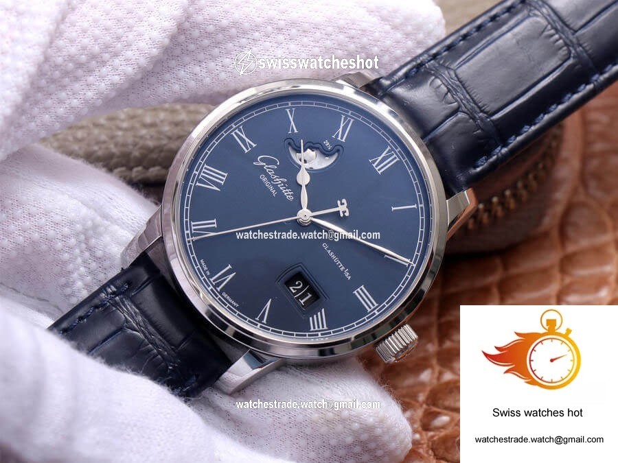 Glashutte Senator Moon Phase 1-36-04 V9 Factory Blue Leather Strap 3