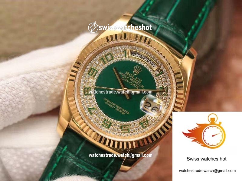 Replica Rolex Day-Date 36mm Green Enamel Diamond Gypsophila Gold dial watch 4