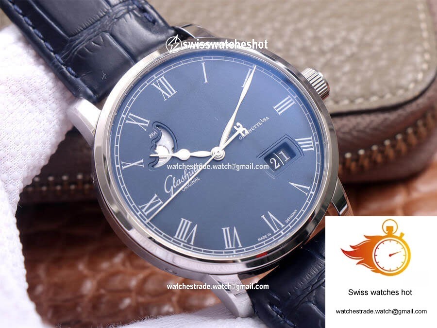 Glashutte Senator Moon Phase 1-36-04 V9 Factory Blue Leather Strap 4