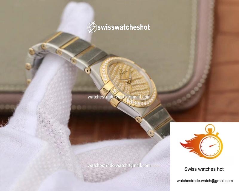 Omega Constellation Ladies 27MM TW Factory Yellow Gold Textured Diamond Dial 5